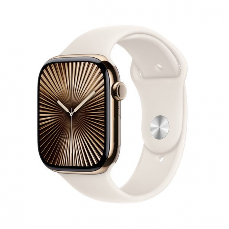 Apple Watch Series 10 (GPS + Cellular) - 46 mm - gold titanium - smart watch with sport band - fluoroelastomer - starlight - band size: M / L - 64 GB - LTE, Wi-Fi 4, UWB, Bluetooth - 4G - 41.7 g - 0