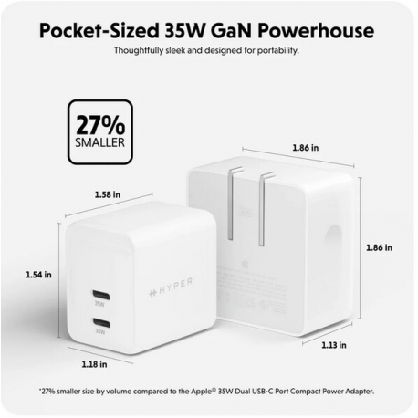 HyperJuice - Power adapter - GaN - 35 Watt - QC 3.0, Power Delivery 3.0 + PPS - 2 output connectors (24 pin USB-C) - white - Europe - 1