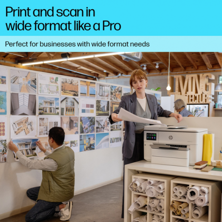 HP Officejet Pro 9730e Wide Format All-in-One - Multifunction printer - colour - ink-jet - A3 / Ledger (297 x 432 mm) (original) - A3 (media) - up to 18 ppm (copying) - up to 22 ppm (printing) - 250 sheets - USB 2.0, LAN, USB 2.0 host, Wi-Fi(ac), Bluetooth - cement - 5