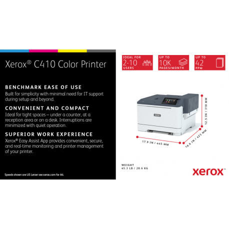 Xerox C410V / DN - Printer - colour - Duplex - laser - A4 / Legal - 1200 x 1200 dpi - up to 40 ppm (mono)  /  up to 40 ppm (colour) - capacity: 251 sheets - USB, Gigabit LAN, USB 2.0 host - 19