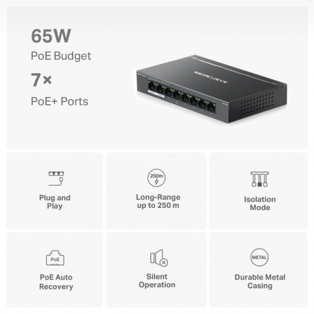 Mercusys MS108GP V1 - Switch - 8 x 10 / 100 / 1000 (7 PoE+) - desktop, wall-mountable - PoE+ (65 W) - 3