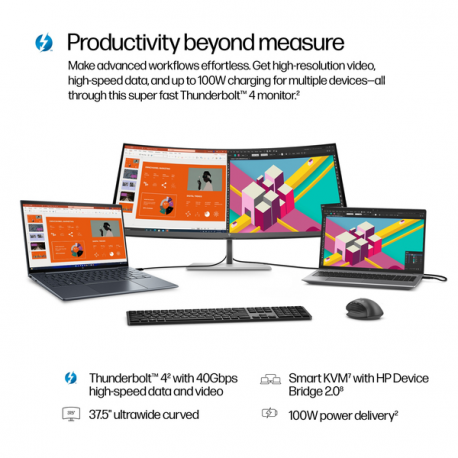 HP 738pu - Series 7 Pro - LED monitor - curved - 38" (37.52" viewable) - 3840 x 1600 WQHD+ @ 60 Hz - IPS Black - 400 cd/m² - 2000:1 - DisplayHDR 400 - 5 ms - Thunderbolt 4, HDMI, DisplayPort, USB-C - speakers - black, silver - 11