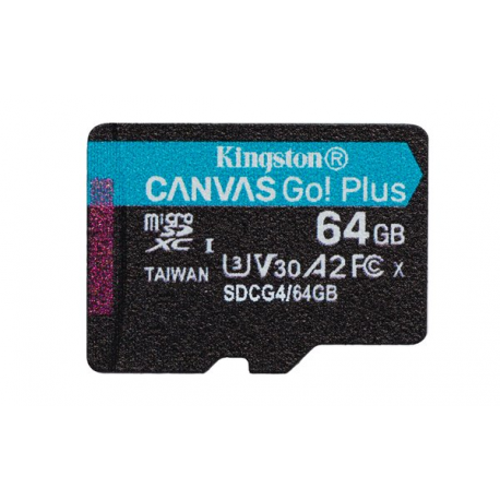Kingston Canvas Go! Plus - Flash memory card (microSDXC to SD adapter included) - 64 GB - A2  /  Video Class V30  /  UHS-I U3  /  Class10 - microSDXC UHS-I - 6