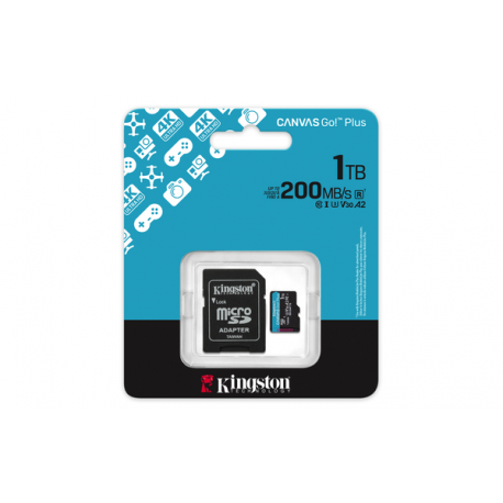 Kingston Canvas Go! Plus - Flash memory card (microSDXC to SD adapter included) - 1 TB - A2  /  Video Class V30  /  UHS-I U3  /  Class10 - microSDXC UHS-I - 9