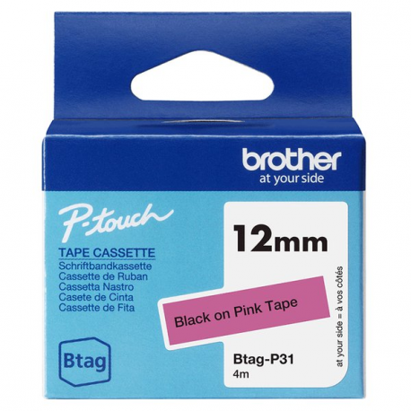 Brother BTAG-P31 - Black on pink - Roll (1.2 cm x 4 m) 1 cassette(s) hanging box - label tape - for P-Touch PT-N10, PT-N20, PT-N25BT - 0