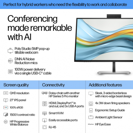 HP 527pm - Series 5 Pro - LED monitor - 27" - 2560 x 1440 QHD @ 100 Hz - IPS - 350 cd/m² - 1500:1 - 5 ms - HDMI, DisplayPort, USB-C - speakers - jet black, natural silver (stand), jet black (stand) - Smart Buy - 6