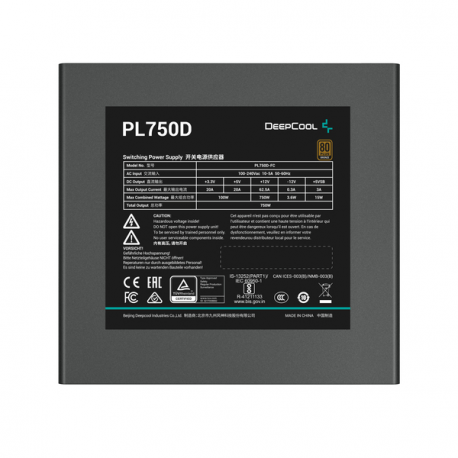 Deepcool PL750D - Power supply (internal) - ATX12V 3.1 - 80 PLUS Bronze - Cybenetics Silver - 750 Watt - active PFC - Europe - black - 3