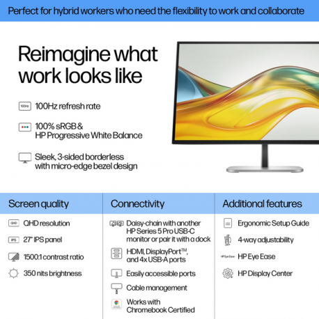 HP 527pq - Series 5 Pro - LED monitor - 27" (26.96" viewable) - 2560 x 1440 QHD - IPS - 350 cd / m² - 1500:1 - 5 ms - HDMI, DisplayPort - jet black, black and silver (stand) - Smart Buy - 5