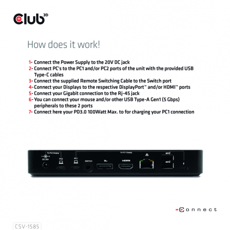 Club 3D CSV-1585 - Docking station - USB-C x 2 - DP, HDMI - 1GbE - 120 Watt - 5