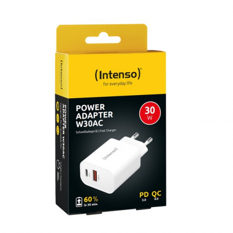 Intenso W30AC - Power adapter - 30 Watt - 3 A - PD 3.0, QC 4.0, PD / PPS - 2 output connectors (USB, 24 pin USB-C) - white - 2