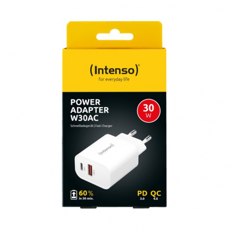 Intenso W30AC - Power adapter - 30 Watt - 3 A - PD 3.0, QC 4.0, PD / PPS - 2 output connectors (USB, 24 pin USB-C) - white - 3