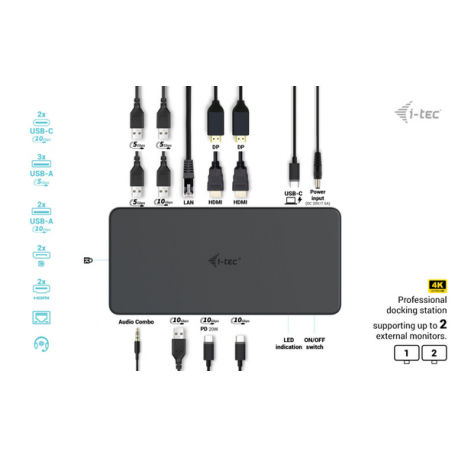 i-Tec - Docking station - for tablet, notebook - USB-C  /  Thunderbolt 3  /  USB 3.0 - 2 x HDMI, 2 x DP - GigE - 100 Watt - Europe - 7
