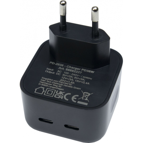 Inter-Tech PD-2036 - Power adapter - small - 36 Watt - 3 A - PD - 2 output connectors (24 pin USB-C) - 1
