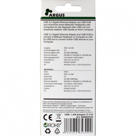Argus IT-310 - Hub - 3 x SuperSpeed USB 3.0 + 1 x 10 / 100 / 1000 - desktop - 3