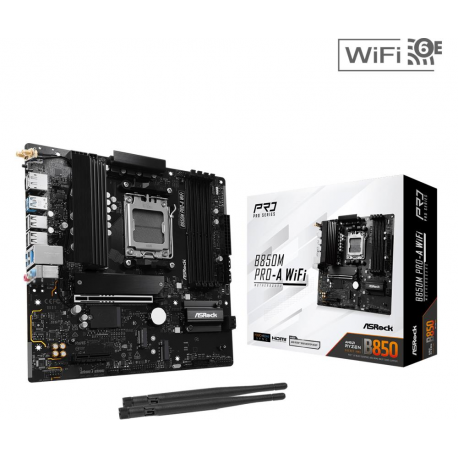 ASRock B850M Pro-A WIFI - Motherboard - micro ATX - Socket AM5 - AMD B850 Chipset - USB-C Gen2, USB 3.2 Gen 2, USB 3.2 Gen 1 - Wi-Fi 6E, 2.5 Gigabit LAN, Bluetooth - onboard graphics (CPU required) - HD Audio (8-channel) - 0