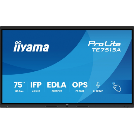 iiyama ProLite TE7515A-B1AG - 75" Diagonal Class (74.5" viewable) LED-backlit LCD display - interactive digital signage - with touchscreen (multi touch)  /  8-microphone array  /  optional slot-in PC capability - 4K UHD (2160p) 3840 x 2160 - black (bezel), matte finish - 1
