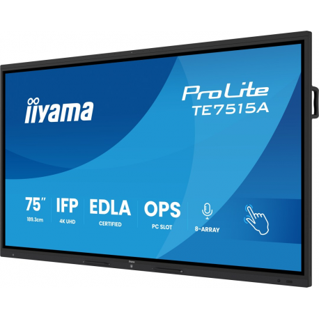 iiyama ProLite TE7515A-B1AG - 75" Diagonal Class (74.5" viewable) LED-backlit LCD display - interactive digital signage - with touchscreen (multi touch)  /  8-microphone array  /  optional slot-in PC capability - 4K UHD (2160p) 3840 x 2160 - black (bezel), matte finish - 2