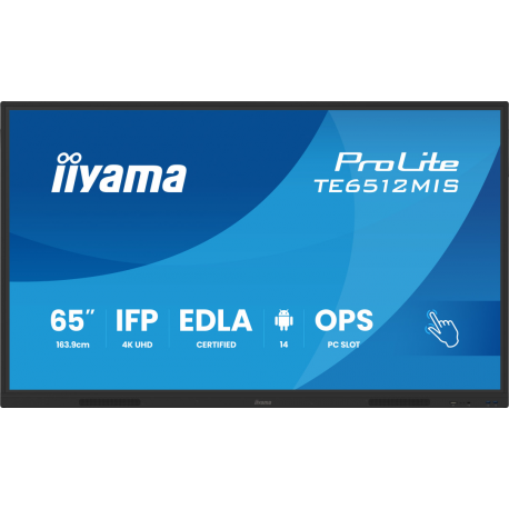 iiyama ProLite TE6512MIS-B4AG - 65" Diagonal Class (64.5" viewable) LED-backlit LCD display - interactive digital signage - with touchscreen (multi touch)  /  optional slot-in PC capability - 4K UHD (2160p) 3840 x 2160 - Direct LED - black (bezel), matte finish - with iiyama WiFi module (OWM002) - 1