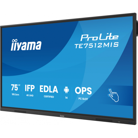 iiyama ProLite TE7512MIS-B4AG - 75" Diagonal Class (74.52" viewable) LED-backlit LCD display - interactive digital signage - with touchscreen (multi touch)  /  optional slot-in PC capability - 4K UHD (2160p) 3840 x 2160 - Direct LED - black (bezel), matte finish - with iiyama WiFi module (OWM002) - 2