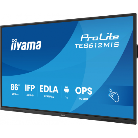 iiyama ProLite TE8612MIS-B4AG - 86" Diagonal Class (85.6" viewable) LED-backlit LCD display - interactive digital signage - with touchscreen (multi touch) / optional slot-in PC capability - 4K UHD (2160p) 3840 x 2160 - Direct LED - black (bezel), matte finish - with iiyama WiFi module (OWM002) - 2