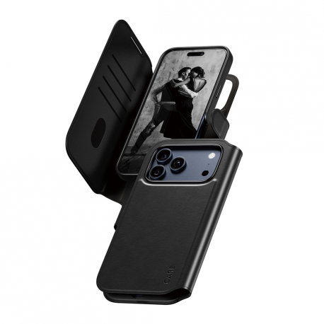 CARE by PanzerGlass Tango - Flip cover for mobile phone - MagSafe compatibility - vegan leather - black - 0
