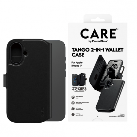 CARE by PanzerGlass Tango - Flip cover for mobile phone - MagSafe compatibility - vegan leather - black - for Apple iPhone 17 - 1