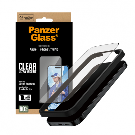 PanzerGlass - Screen protector for mobile phone - ultra-wide fit w. EasyAligner - glass - frame colour black - for Apple iPhone 16 Pro, 17 - 4