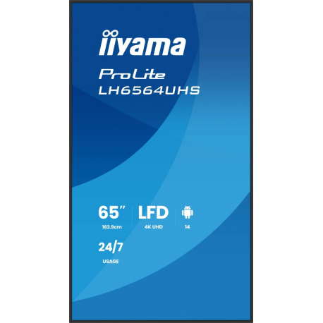 iiyama ProLite LH6564UHS-B1AG - 65" Diagonal Class (64.5" viewable) LED-backlit LCD display - digital signage - with built-in SoC media player - 4K UHD (2160p) 3840 x 2160 - black bezel with matte finish - 2