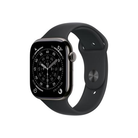 Apple Watch Series 11 (GPS + Cellular) - 46 mm - slate titanium - smart watch with sport band - fluoroelastomer - black - band size: M/L - 64 GB - LTE, Wi-Fi 4, UWB, Bluetooth - 5G - 43.1 g - 0