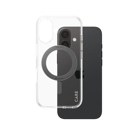 CARE by PanzerGlass - Back cover for mobile phone - with kickstand - MagSafe compatibility - thermoplastic polyurethane (TPU), polycarbonate (PC), aluminium alloy - transparent, black - for Apple iPhone 16 - 0
