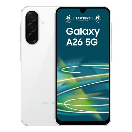Samsung Galaxy A26 - 5G smartphone - dual-SIM - RAM 6 GB  /  Internal Memory 128 GB - microSD slot - OLED display - 6.7" - 2340 x 1080 pixels (120 Hz) - 3x rear cameras 50 MP, 8 MP, 2 MP - front camera 13 MP - white - 0