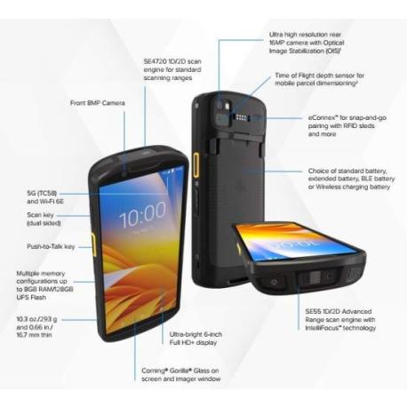Zebra TC58E - Data collection terminal - rugged - Android - 128 GB UFS card - 6" colour (1080 x 2160) - rear camera + front camera - barcode reader - (2D imager) - USB host - microSD slot - NFC, Bluetooth, Wi-Fi 6E - 5G, 4G, 3G - LTE - 2