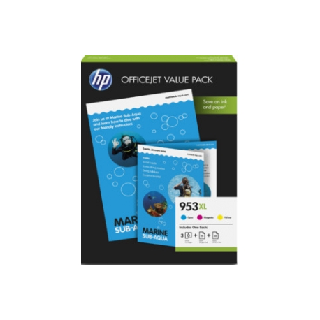 HP 953XL Office Value Pack - 3-pack - High Yield - colour (cyan, magenta, yellow) - ink cartridge  /  paper kit - for Officejet Pro 77XX, 82XX, 87XX - 1